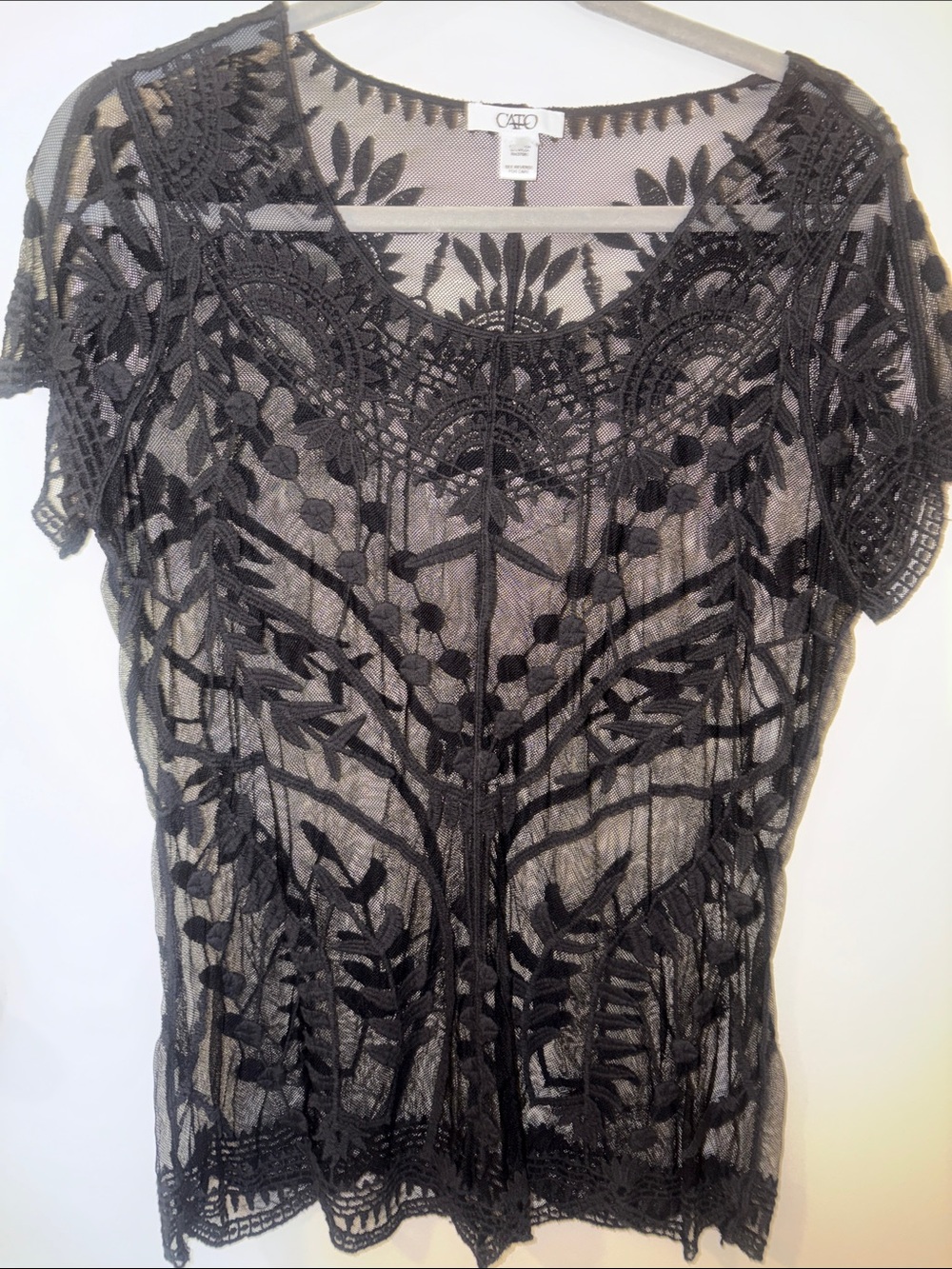Large Cato Black Embroidered Mesh Blouse